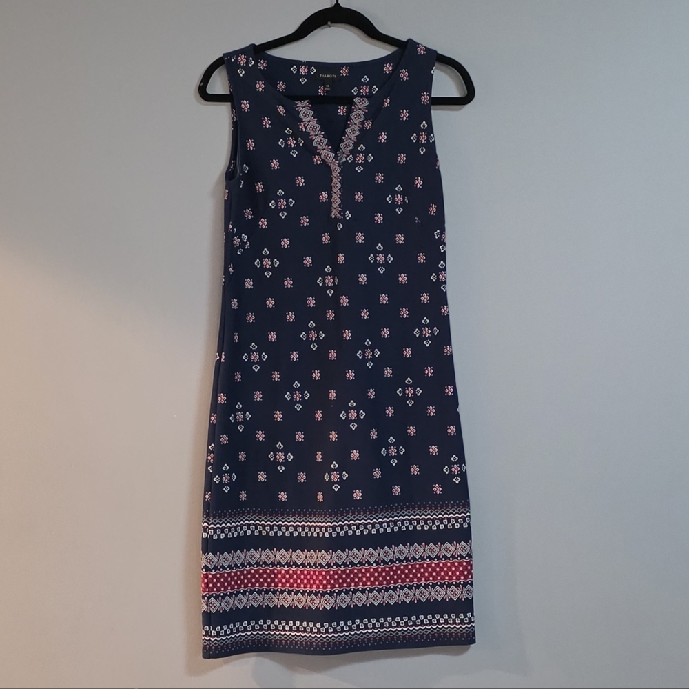 Talbots Navy Floral Midi Dress with Pink and White Details